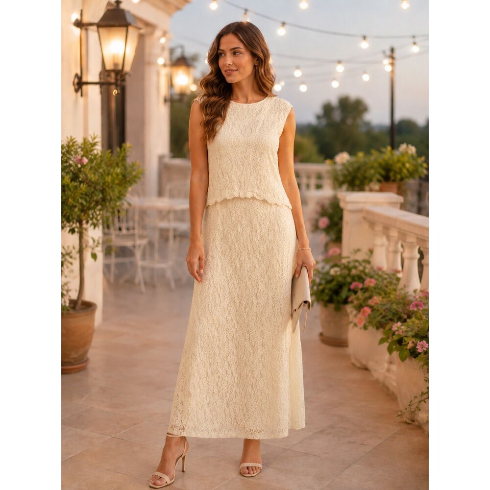 Lauren Ralph Lauren Evening Ivory Lace Maxi Dress Sz 16 Wedding Guest Formal